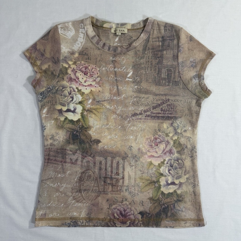 Xcit U.S.A. Vintage Y2K Floral Graphic Tee Shirt Medium Women's